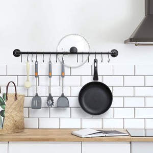 Industrial Pipe Pot Rack Metal Steel Rail Wall Mounted Pots Pans Lid Hanging Cookware Holder Storage Kitchen Organizer With Hook