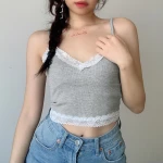 lace edge stitching contrast sling deep v women tops navel  slim camisole top