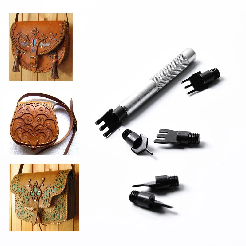 Leather Flat Punch Tool Set Steel Handle Can Replacement Head Belt Hole Punching Leather Rope Weaving Chisel Craft Tool