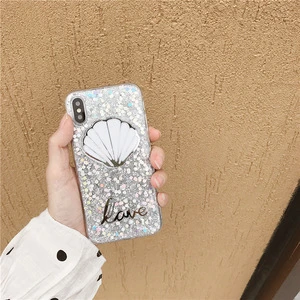 Liquid Sliver Glitter and Shell Case for iPhone 7/8 Sparkle Glitter Clear TPU Phone Case Sequin Cover for iPhone X