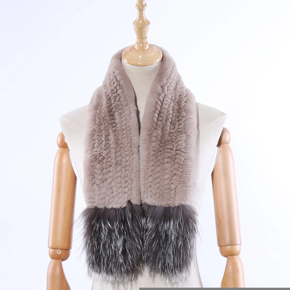 Luxury Womens Winter Fur Scarf Genuine Rex Rabbit Fur Scarves Wraps Knitted Silver Fox Fur Scarfs