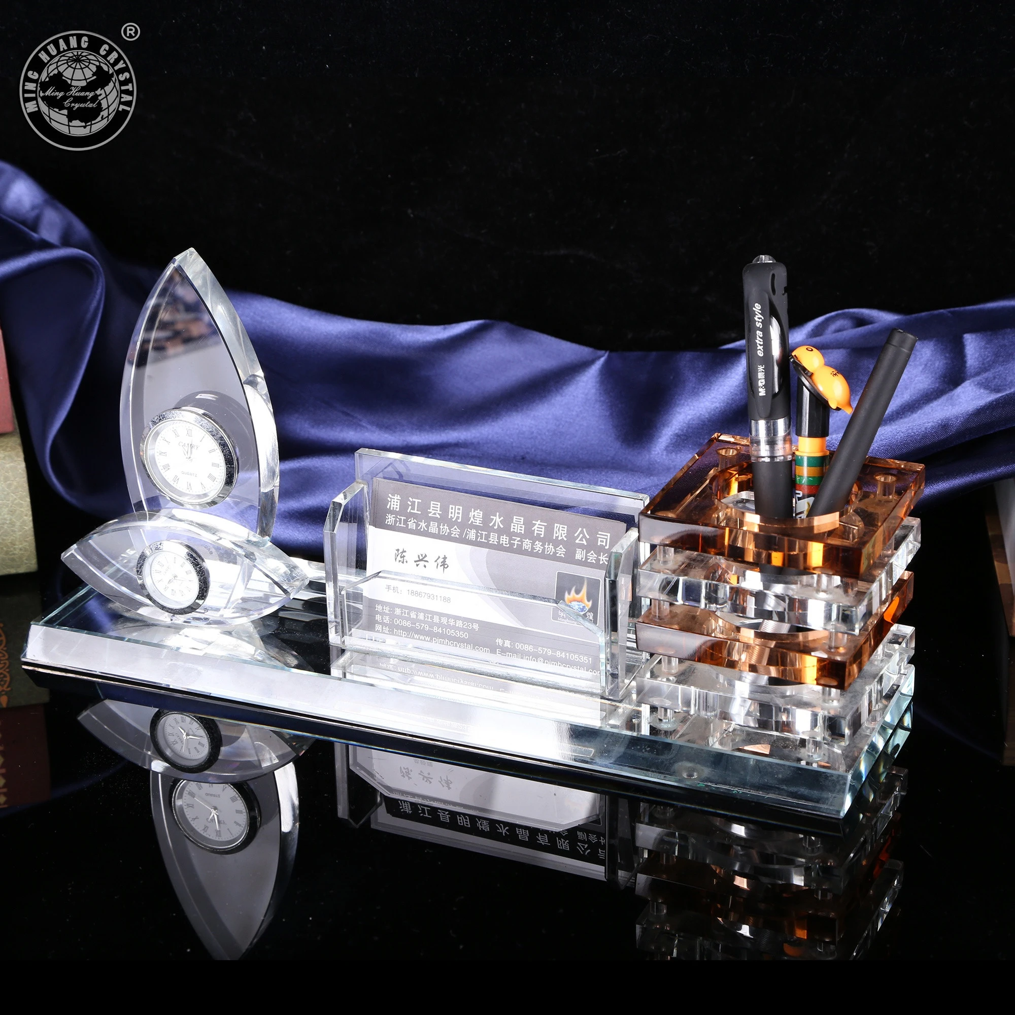MH-BT023 Promotional Crystal Pen Holder With Clock table decoration