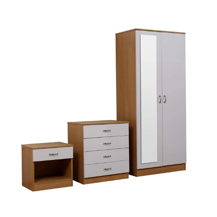 Mirrored High Gloss 3 Piece Bedroom Furniture Set - Soft Close Wardrobe, 4 Drawer Chest, Bedside Cabinet (White on Oak)