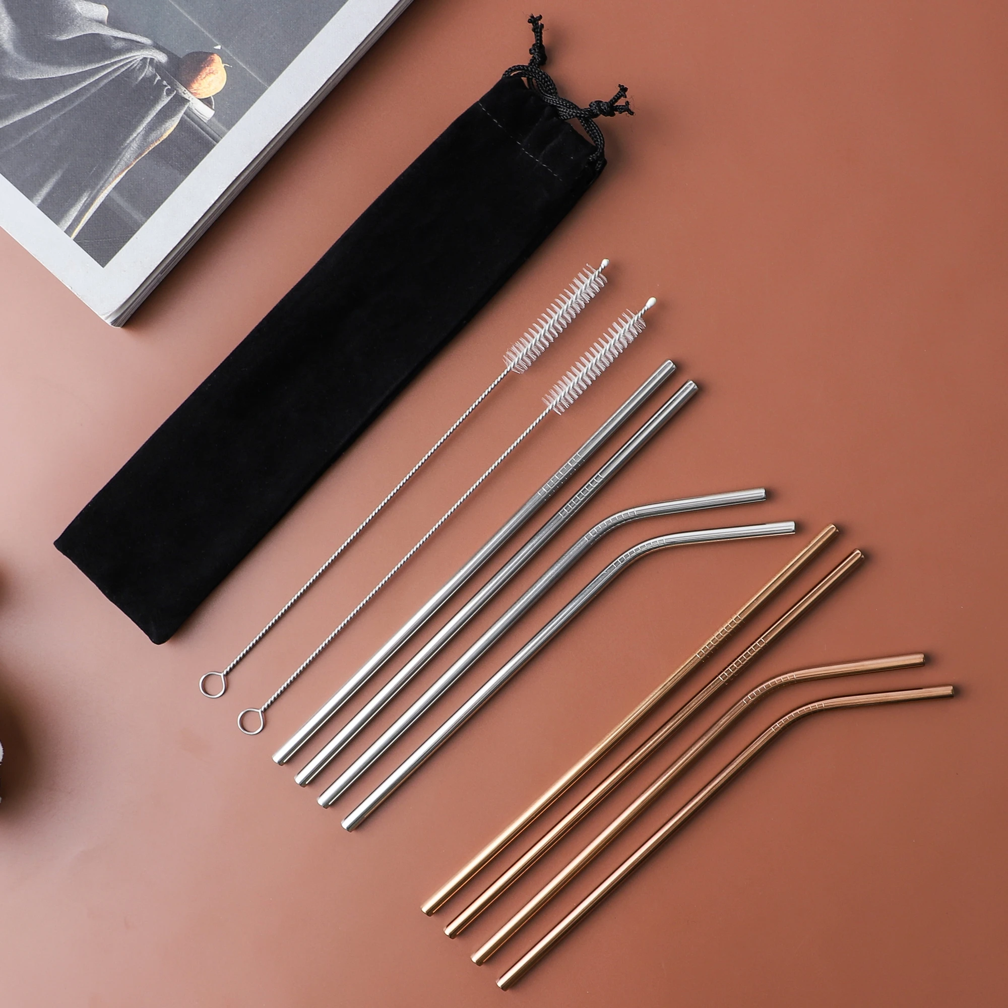 Modern style wholesale reusable custom stainless steel straw metal PVD copper drinking straw with 2 brush