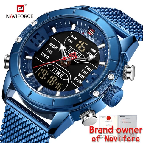Naviforce 9153 new relogio inteligente Quartz Analog Digital men watch Sport relojes hombre Stainless Steel mesh wrist watch