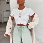 O Neck Bow White Short Sleeves Bandage Slim Casual Women T Shirt Navel Crop Womens T-Shirts