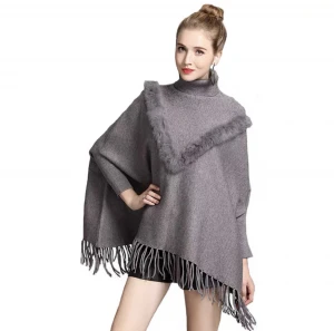 Oem simple cuff women sticking drill sweater cape poncho turtleneck rabbit fur pullover shawls