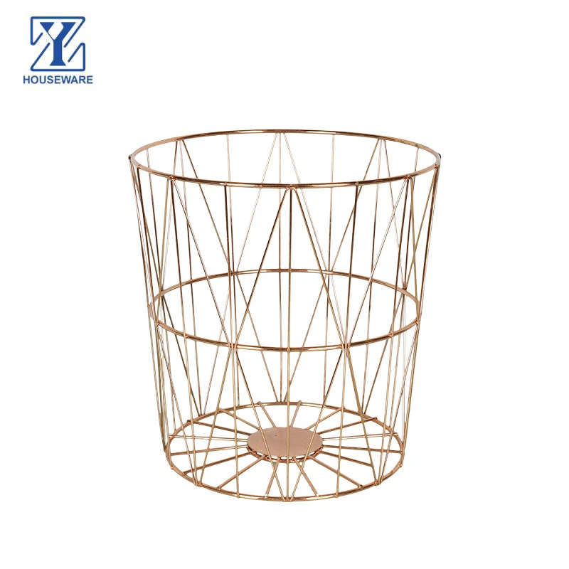 Office Stationery Round Rose Gold Copper Metal Mesh Trash Can Wire Metal Paper Waste Bin