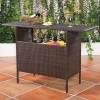 Outdoor Patio Rattan Wicker Bar Counter Table with 2 Steel Shelves, 2 Sets of Rails Garden Patio Furniture, Brown