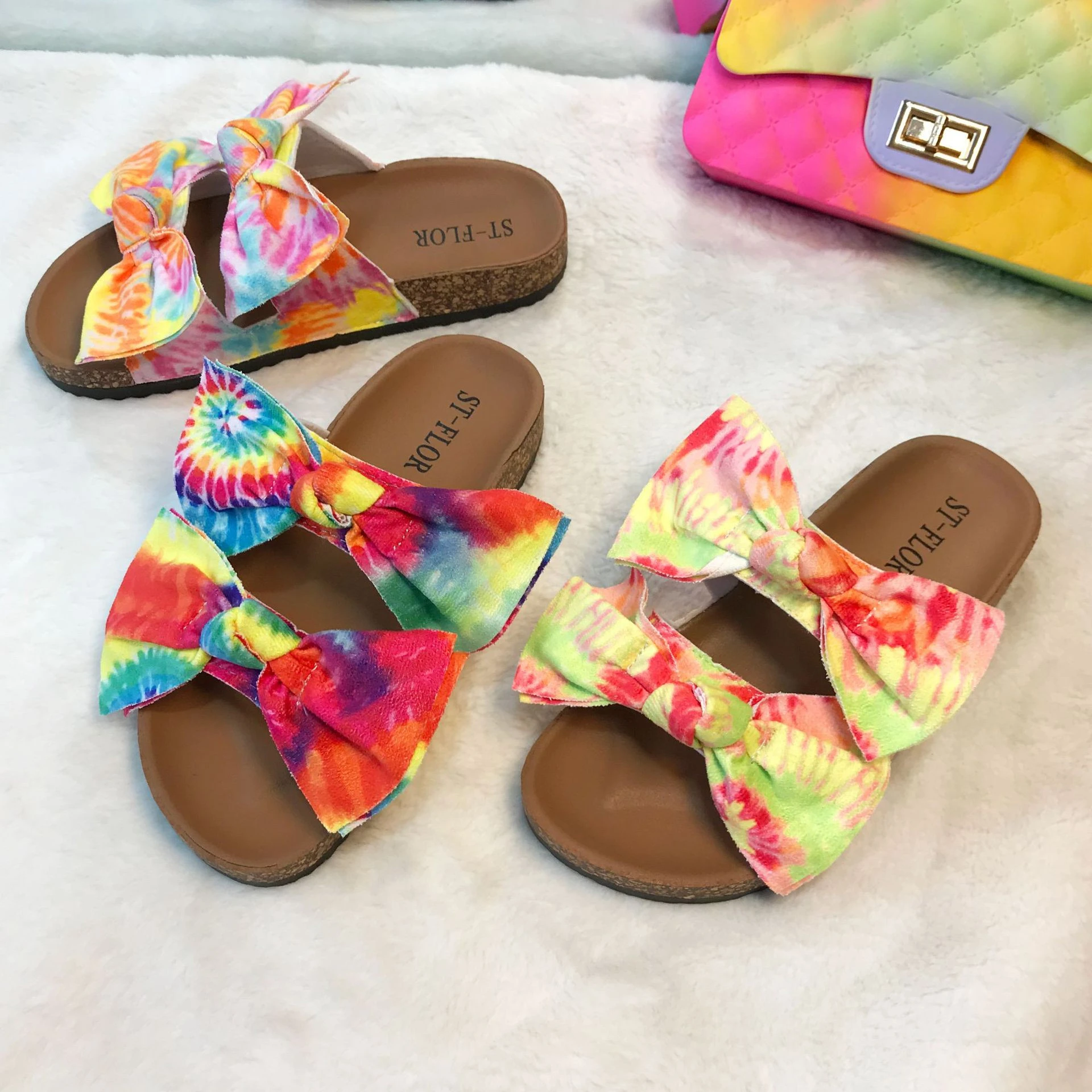 PDEP 2021 Summer Mixed Colors Slippers Tie Dye Sandals Fashion Women Flip Flops Cute Slippers Rainbow Bow Slides for Women