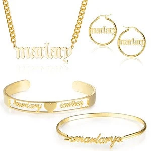 Personalized Stainless Steel Initial Letter Name Earrings Bangle Bracelet Necklace Jewelry Set 18K Gold Plated