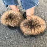 pink fur slipper fuzzy slides raccoon fur slipper raccoon fur slides