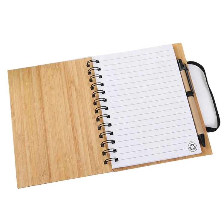 Promotional a5 custom logo bamboo cover spiral notebook with elastic band