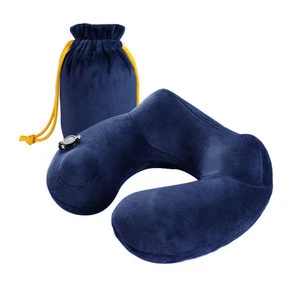 Push Button Soft Velvet Neck Pillow with Ear Plugs, Eye Mask and Carrying Bag for Airplane Inflatable Travel neck Pillow