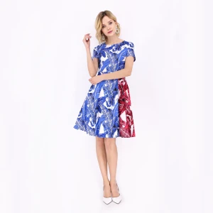 Red &amp; Blue Printed Crewneck Summer Short Sleeve A-line Cotton Dress