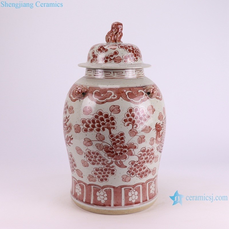 Rxbn06-F-S High Quality Hand Painted Antique Underglazed Red Phoenix and Peony Pattern Porcelain Ginger Jar