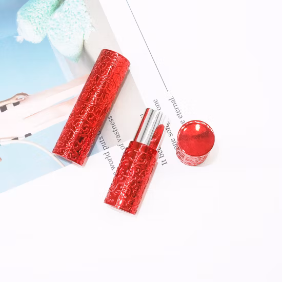 Eml Ls2263 Round Shape Mold Pattern Lipstick Case 12.1mm Inner Cup Metallized Shiny Red Plastic Empty Lipstick Tube