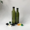 square amber green glass olive oil bottle with green plastic screw cap aluminium ROPP lid