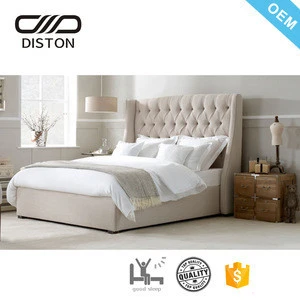 Tan Color Cal King Cheap Price Tufted Hotel Bed Frame with Nail Head Wing Accents