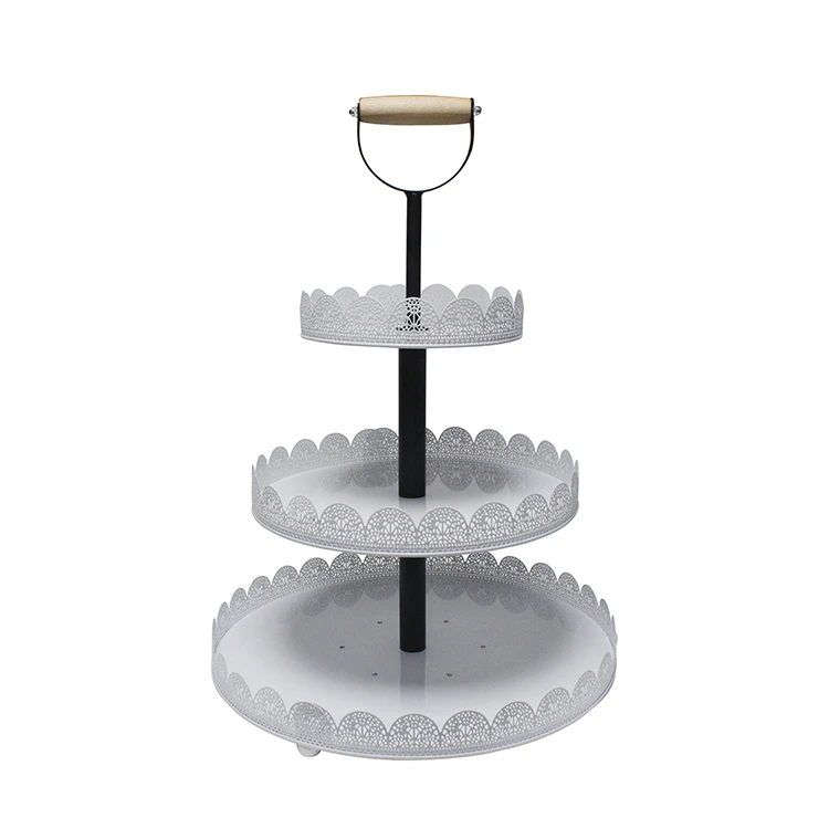 Three Tier Round Food Serving Party Tray with Decorative Wooden Handle