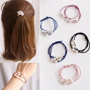 Tie Girl Elastic Ring Synthetic Band Ribbon Seamless Tie Pearl Hair Accessory