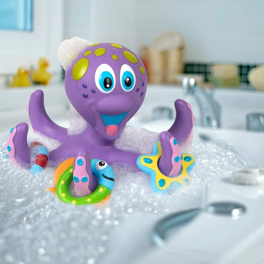 Toddler floating soft octopus comfort toys with 5 throwing circle hoopla rings interactive bath toy for baby bathroom play sets