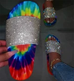 Wholesale Flash Water Diamond Rainbow Colorful Tie Dye Casual Graffiti Slippers Women Beach Sandals