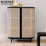 Wholesale metal leg design modern solid wood storage closet rattan weaving living room cabinet
