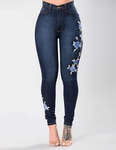 Wholesale Plus Size Skinny Tight Flower Zipper Pockets Pants Jeans Women
