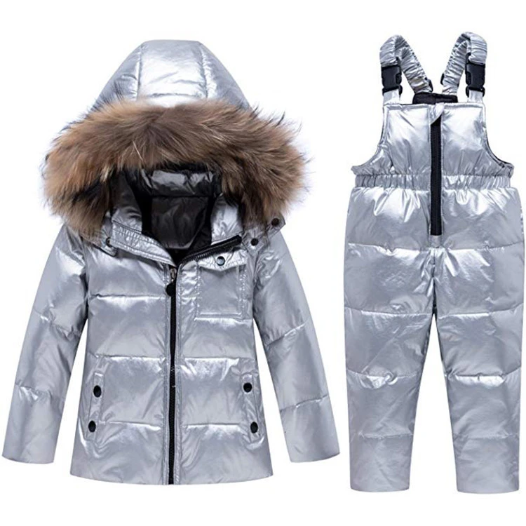 Winter Down Jacket And Snowpants Hooded Silver Children&#x27;s Ski Suit Set