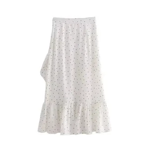 Women Knee Length wild style wavy side polka dot white long skirt