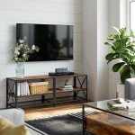 Wood Grain Metal Wooden Tv Stand Living Room Furniture Decor,Brown Tv Stand