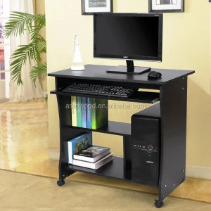 Wood Portable Small Space Computer Trolley Desk Home Office PC Laptop Workstation Furniture with Storage Shelves On Wheels