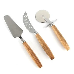 Wooden Handle Pizza Cutter Tool Set Stainless Steel