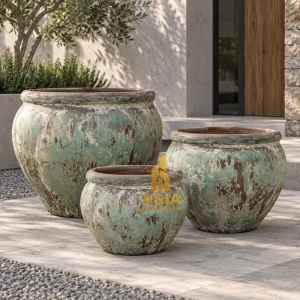 Rustic Turquoise Ceramic Planters with Weathered Brown Patina