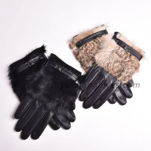 Women's 100% real sheepskin leather gloves lady winter warm fashion gloves with real rabbit Fur﻿