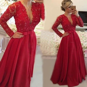 Free Shipping Gorgeous Lace V-Neck Long Sleeves A-Line Red Mom Evening Dress Beads Bow Belt Prom Dress Bridal Party Mother Of The Bride Dress