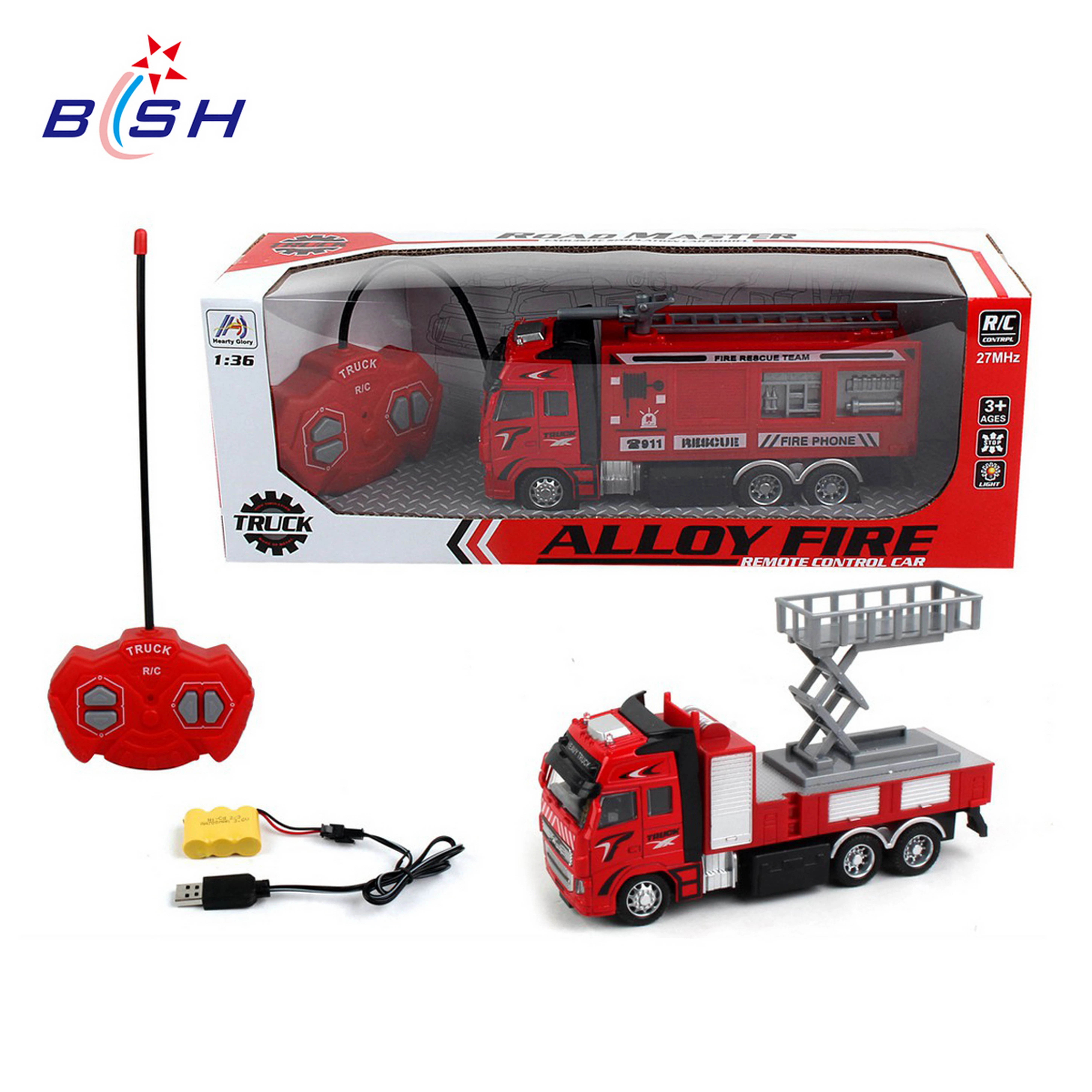 1:36 4 channel alloy rc fire trucks remote control car toy with light