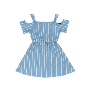 2019 Boutique Halter Cold Shoulder Blue Stripe  Princess Girl Dress Flyaway romper dress