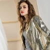 2020 spring European and American style fashion gold leather coat PU leather coat ladies short round collar leather jacket