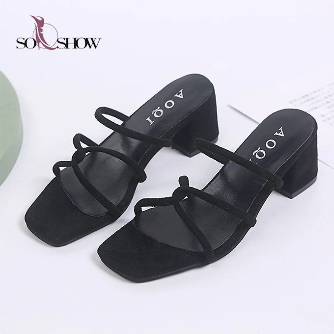 2020 summer fashion slippers for women thick high heel microfiber sandals