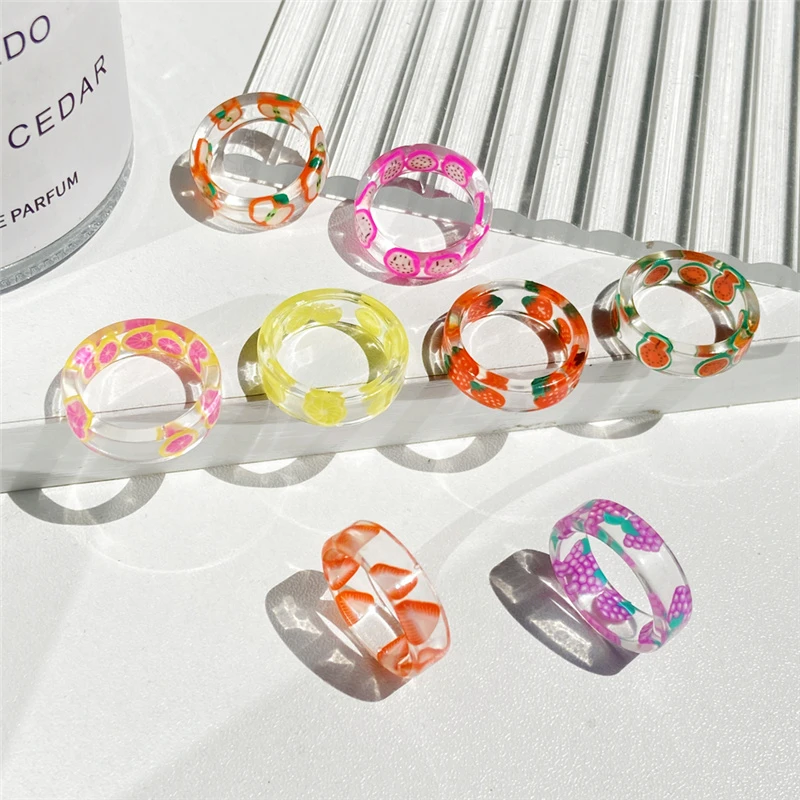 2021 Trendy Clear Fruit Acrylic Rings Jewelry Jelly Color Inlay Strawberry Lemon Square Resin Ring Women Personalized Jewelry