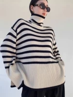 2022 wholesale Striped wool cashmere turtleneck knitwear ladies casual sweater