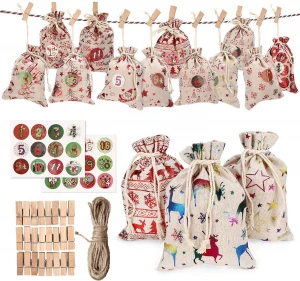 24 Christmas decorations and hung small advent Calendar Christmas cotton and linen bag set Christmas Gift bags