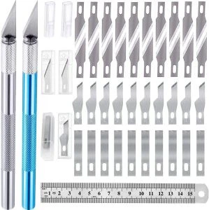 2PCS Craft Knife Hobby Knife with 42 Pieces Stainless Steel Blades Kit for Cutting Carving Scrapbooking Art Creation Silver Blue