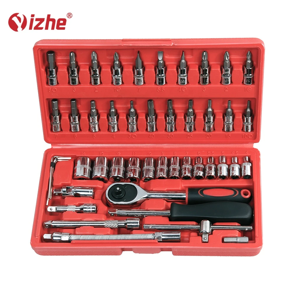 46 Pcs 1/4 DR Car Repair Tool Box Spanner Chrome Vanadium And Ratchet Wrench Socket Set
