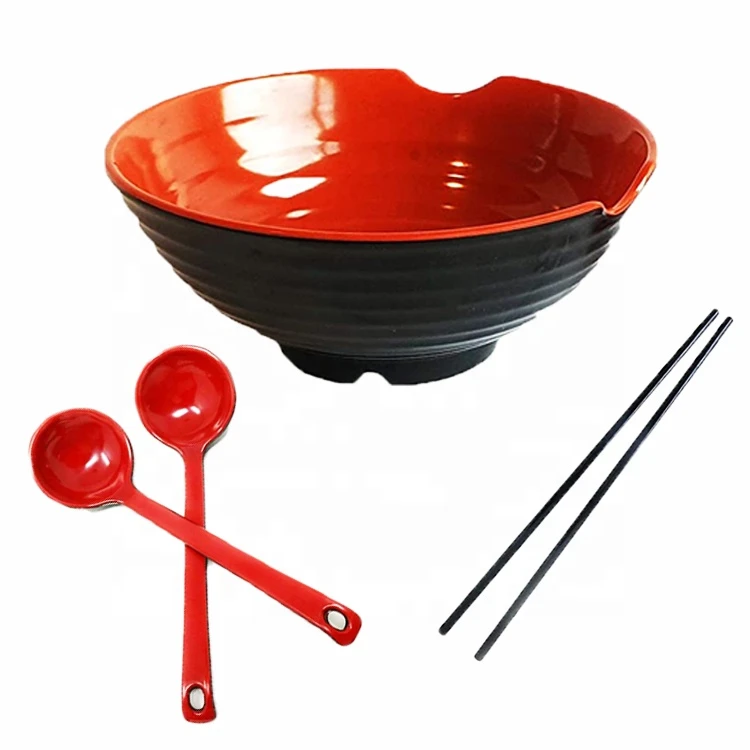 52oz Restaurant Red and Black Melamine Ramen Bowls Set  with Soup  Spoons and Chopsticks