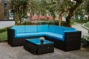 6pcs Patio Outdoor Furniture Sets/ All-Weather Rattan Sectional Sofa with Tea Table and Washable Couch Cushions