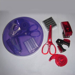 Advertising Gift 5 in 1 mini stationery set in round case(stapler, staple remover, tape dispenser,scissors)