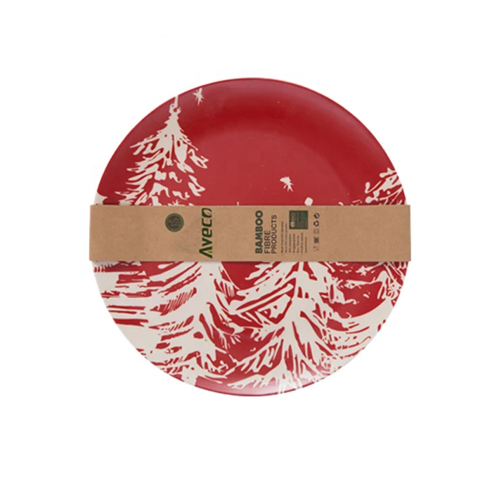 biodegradable eco friendly natural custom printed round bamboo fiber reusable plates with printing for Christmas